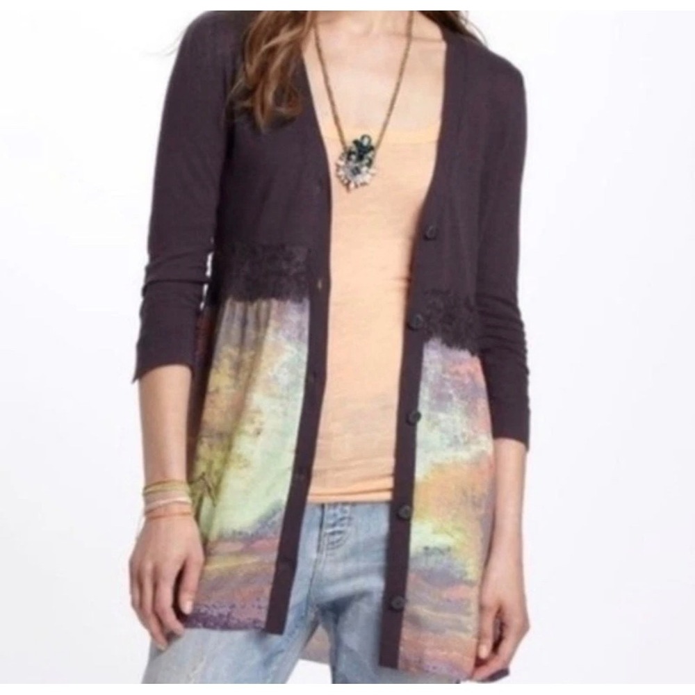 Anthropologie Knitted & Knotted Foliage Empire Cardigan sweater watercolor Small - Picture 9 of 13